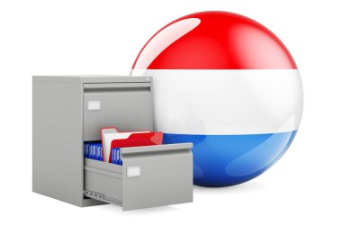 Lüksemburg 'daki veritabanı, konsept. Lüksemburg bayrağı taşıyan dosya dolabındaki dizinler, beyaz arkaplanda 3 boyutlu görüntüleme