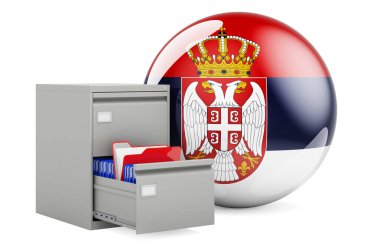 Sırbistan 'da veritabanı, konsept. Sırp bayrağı taşıyan dosya dolabındaki dizinler ve 3D görüntüleme beyaz arkaplanda izole edildi