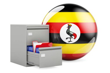 Uganda 'daki veritabanı, konsept. Dosya dolabında Ugandan bayrağı olan dizinler, beyaz arkaplanda 3D görüntüleme