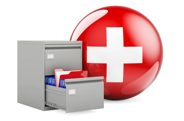 База Даних Швейцарії Концепція Folders Filing Cabinet Swiss Flag Рендеринг — стокове фото