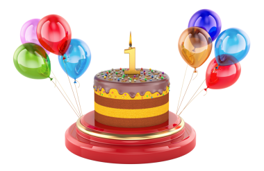 Bir numaralı mumlu doğum günü pastası kaidede renkli balonlarla. Şeffaf arkaplanda 3B görüntüleme izole edildi