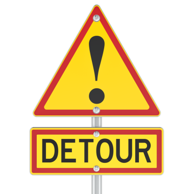 Detour Yolu, yol uyarı işareti ve ünlem işareti. Şeffaf arkaplanda 3B görüntüleme izole edildi