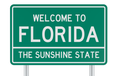 Florida yol tabelasına hoş geldiniz. Şeffaf arkaplanda 3B görüntüleme izole edildi