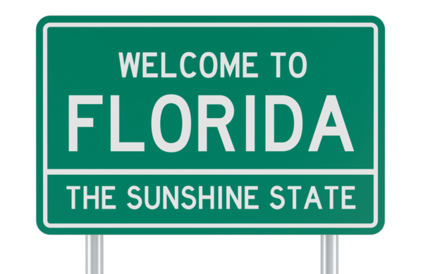 Florida yol tabelasına hoş geldiniz. Şeffaf arkaplanda 3B görüntüleme izole edildi