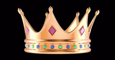 Renkli değerli taşlı altın taç dönüşümlü animasyon, kusursuz döngü. Şeffaf arkaplanda 3B görüntüleme izole edildi