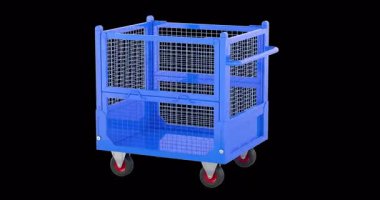 Katlanabilir ulaşım kutusu paleti tel örgü kenarları ve tekerlekleri var, döner animasyon, kusursuz bir şekilde çevrilebilir. Şeffaf arkaplanda 3B görüntüleme izole edildi