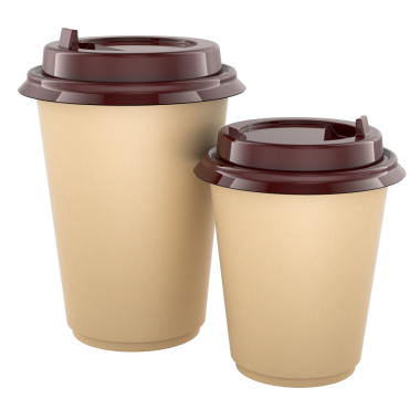 Kahverengi plastik kapaklı tek kullanımlık kağıt kahve bardakları. Şeffaf arkaplanda 3B görüntüleme izole edildi