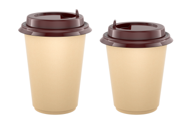 Kahverengi kapaklı kağıt kahve fincanları. Şeffaf arkaplanda 3B görüntüleme izole edildi