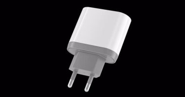 USB-C Duvar Şarj Cihazı, Akıllı Telefon Döndürme Canlandırması için Güç Adaptörü sorunsuz bir şekilde çevrilebilir. Şeffaf arkaplanda 3B görüntüleme izole edildi