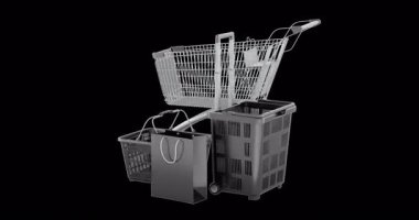 Siyah alışveriş arabası, sepetler, ve kusursuz döngü animasyonu. Şeffaf arkaplanda 3B görüntüleme izole edildi