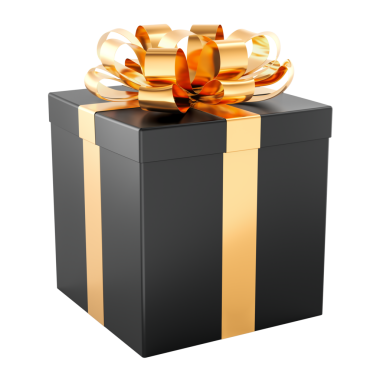 Altın kurdeleli siyah hediye kutusu. Kara Cuma, kavram. Şeffaf arkaplanda 3B görüntüleme izole edildi