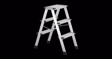 Alüminyum basamaklı merdiven, hafif katlama merdiveni, taşınabilir ince basamaklı tabure döndürme animasyonu kusursuz döngüsel. Şeffaf arkaplanda 3B görüntüleme izole edildi