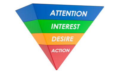 Pazarlama AIDA hunisi. Faiz Arzusu Eylem Piramidi. Şeffaf arkaplanda 3B görüntüleme izole edildi