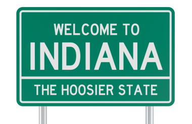 Indiana 'ya hoş geldiniz, eyalet yol tabelası. Şeffaf arkaplanda 3B görüntüleme izole edildi