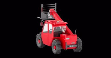 Kırmızı teleskopik taşıyıcı forklift döndürme animasyonu sorunsuz bir şekilde çevrilebilir. Şeffaf arkaplanda 3B görüntüleme izole edildi
