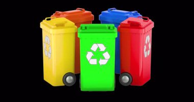 Çöp bidonları geri dönüşüm renkli set döndürme animasyonu sorunsuz bir şekilde çevrilebilir. Şeffaf arkaplanda 3B görüntüleme izole edildi