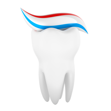 Üzerinde kırmızı mavi diş macunu şeridi olan beyaz diş, ağız hijyeni ve fırçalama konsepti, şeffaf arka planda 3 boyutlu izole edilmiş.