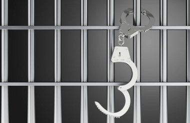 Hapishane parmaklıklarında asılı kelepçe, tutuklama ve hapsetme konsepti. 3B görüntüleme