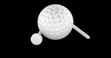İki golf tişörtü olan beyaz golf topu kusursuz bir şekilde dönerek dönüyor. Şeffaf arkaplanda 3B görüntüleme izole edildi
