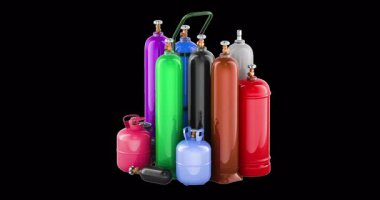 Çeşitli gaz silindirleri, döndürme animasyonunu kusursuz bir şekilde çevrilebilir hale getirir. Şeffaf arkaplanda 3B görüntüleme izole edildi