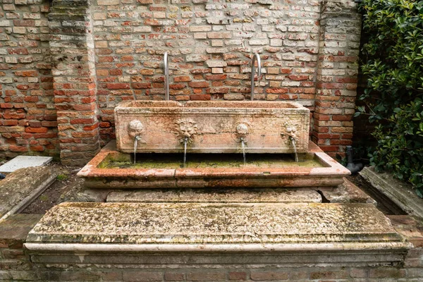 Aslan başlı eski taş çeşme ve tuğla duvar, Venedik İtalya