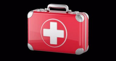 Kırmızı ilk yardım çantasının döndürme animasyonu sorunsuz bir şekilde çevrilebilir. Şeffaf arkaplanda 3B görüntüleme izole edildi