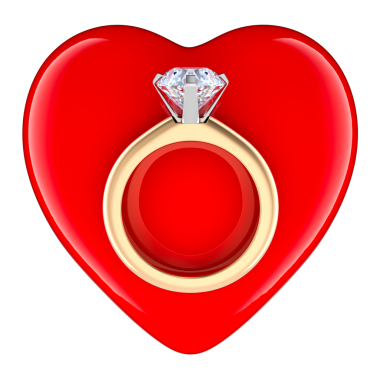 Kırmızı kalpli bir nişan yüzüğü. Aşk ve evlilik teklifi kavramı, şeffaf arkaplanda 3 boyutlu görüntüleme