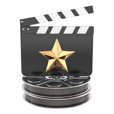 Altın yıldızlı ve film makaralı bir alkış. Sinema yapımı ve eğlence konsepti, 3D görüntüleme şeffaf arka planda izole