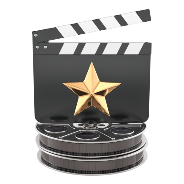 Altın yıldızlı ve film makaralı bir alkış. Sinema yapımı ve eğlence konsepti, 3D görüntüleme şeffaf arka planda izole