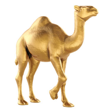 Altın dromedary deve heykelciği, şeffaf arkaplanda 3 boyutlu görüntüleme