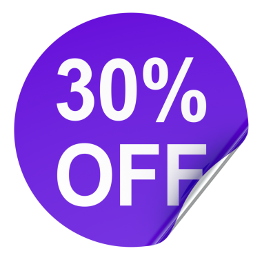 İndirim etiketi yüzde 30 indirimli, köşesi soyulmuş, yuvarlak rozetli. Şeffaf arkaplanda 3B görüntüleme izole edildi