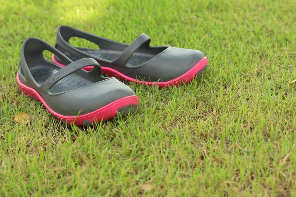 A zöld fűben fekvő fekete cipő. — Stock Fotó