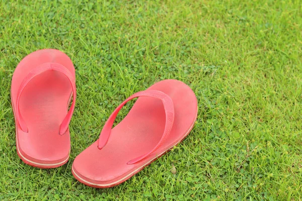 Red slippers lay on the the green grass. — Stock Photo, Image