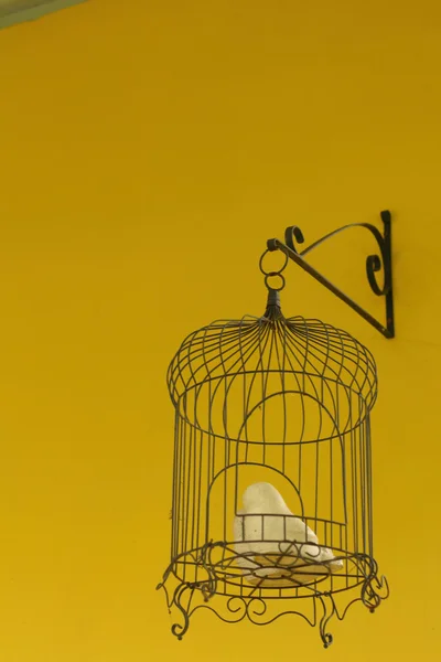 Пташина клітка на жовтому тлі в парку — стокове фото