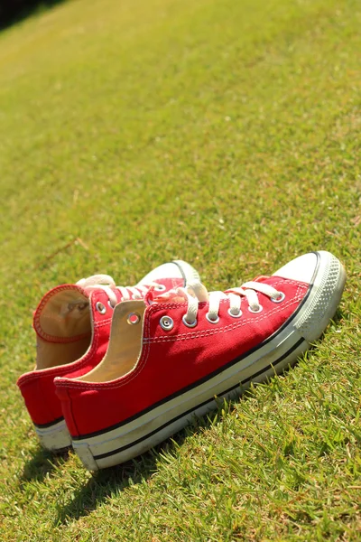 Взуття червоне на зеленій траві в парку . — стокове фото