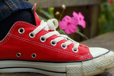 Parkta kahverengi bir arka plan üzerinde kırmızı ayakkabılar.