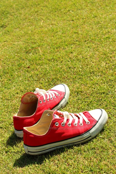 Parkta yeşil çimenlerin üzerinde kırmızı ayakkabılar.