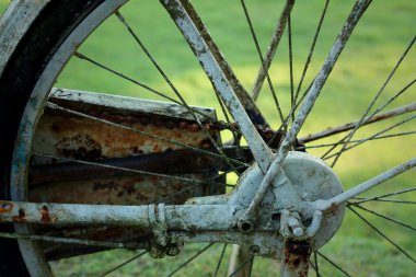 yeşil bir arka plan üzerinde eski bisiklet tekerleği.