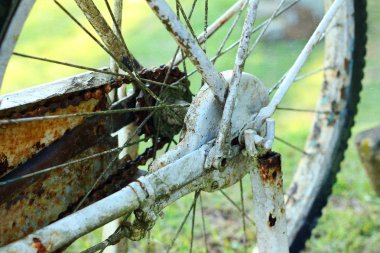 yeşil bir arka plan üzerinde eski bisiklet tekerleği.