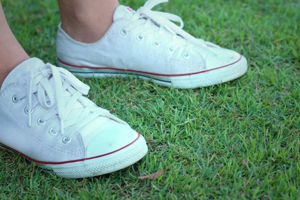 Sapatos brancos em um fundo de grama verde . — Fotografia de Stock