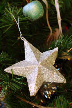 Bir gümüş yıldız Noel ağacı üzerinde.