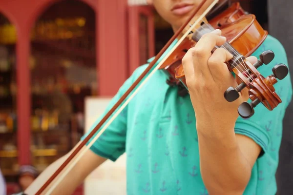 Músico tocando violino melodicamente no parque Fotografia De Stock