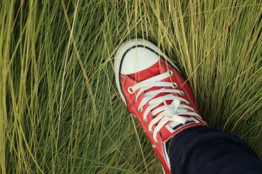 Yeşil çim bir arka plan ile kırmızı ayakkabılar.