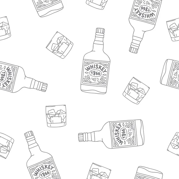 Patrón vectorial inconsútil de las botellas y vasos de Whiskey — Vector de stock