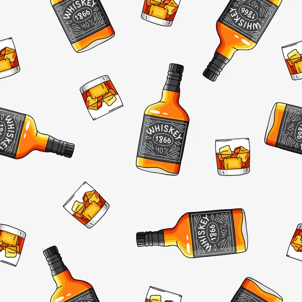 Naadloze vector patroon van de flessen en glazen Whiskey — Stockvector
