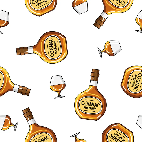 Patrón vectorial inconsútil de botellas y vasos de brandy — Vector de stock