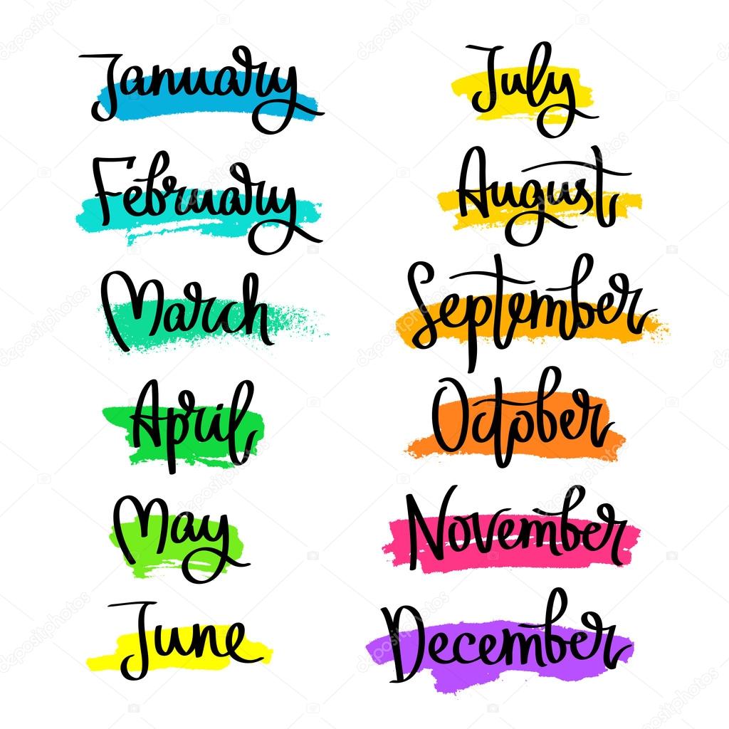 Set of labels of the months of the year. Fashionable calligraphy. January, February, March, April, May, June, July, August, September, November, December. Vector illustration on white background with dabs of ink of different colors. Elements for desi