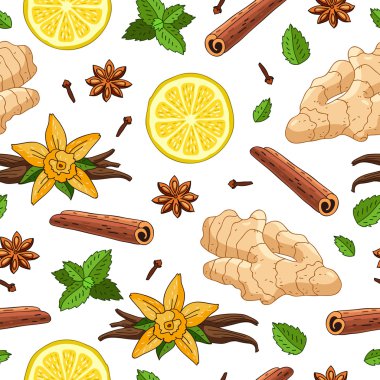 Zencefil, limon, vanilya, nane, cinnamo sorunsuz vektör desen