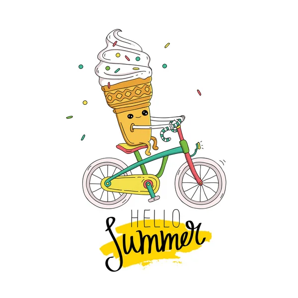 Ice cream in a waffle cup rides a bicycle. — Stock Vector