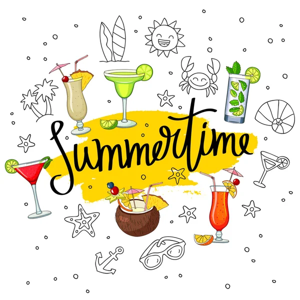 Inscription Summer in surroundings of cocktails and summer icons — Stock Vector